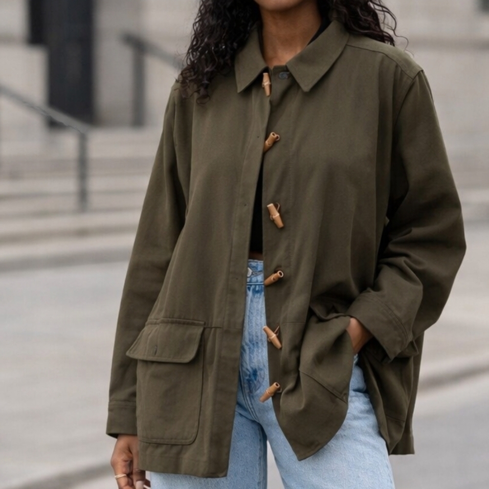90's Vintage Army Green Faux Suede Button-Up Jacket 18W Toggle Buttons Closure